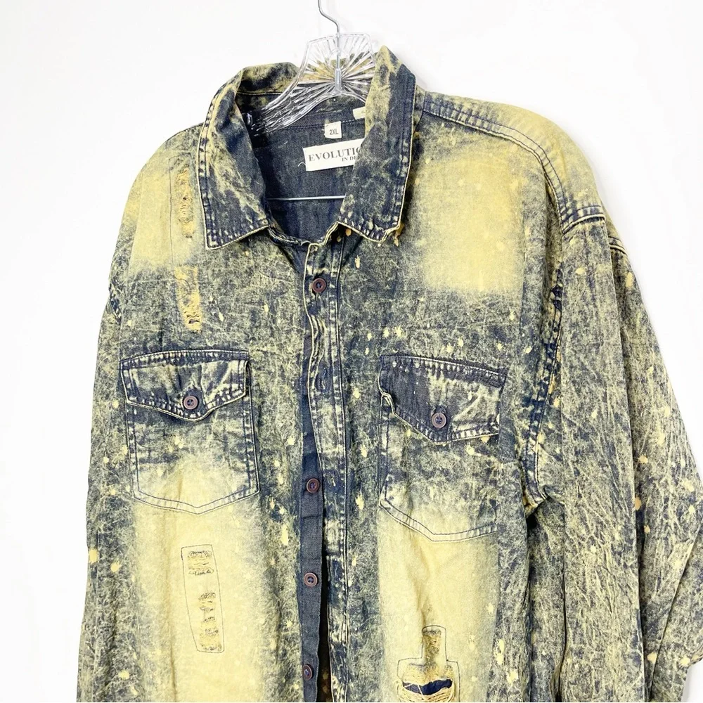 Distressed Plus Size 100% Cotton Denim Shirt Size 2XL - Picture 2 of 12